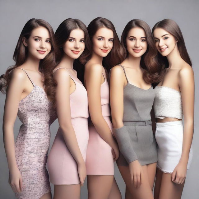 Draw a group of beautiful and alluring young women with elegant and charming appearances