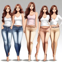 Draw a group of beautiful and alluring young women with elegant and charming appearances