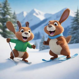 A vibrant cartoon scene of a beaver and a bunny showcasing joy and camaraderie, skiing down a snowy mountain together. Their exuberance and fun-filled interaction animating the winter landscape.