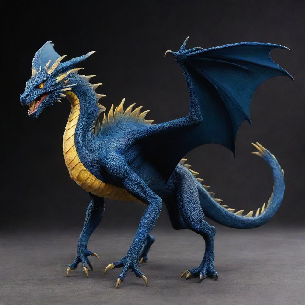 A stunning high fantasy dragon in dark blue with webbed talons and webbing from its spine, featuring a venomous tail and intense yellow eyes. The wide wings can fold neatly against its body, adding to its majestic allure.