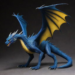 A stunning high fantasy dragon in dark blue with webbed talons and webbing from its spine, featuring a venomous tail and intense yellow eyes. The wide wings can fold neatly against its body, adding to its majestic allure.