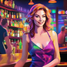 Draw a beautiful young woman with fair skin, not wearing a dress, in a lively nighttime bar filled with drinks