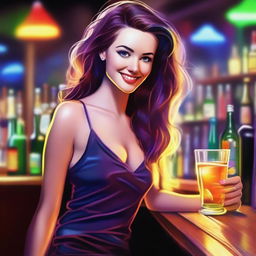 Draw a beautiful young woman with fair skin, not wearing a dress, in a lively nighttime bar filled with drinks