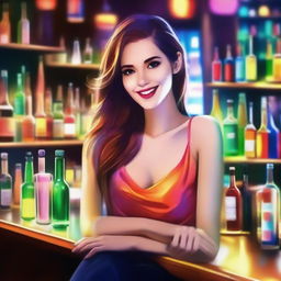 Draw a beautiful young woman with fair skin, not wearing a dress, in a lively nighttime bar filled with drinks