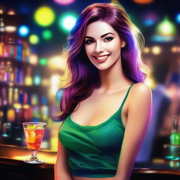 Draw a beautiful young woman with fair skin, not wearing a dress, in a lively nighttime bar filled with drinks