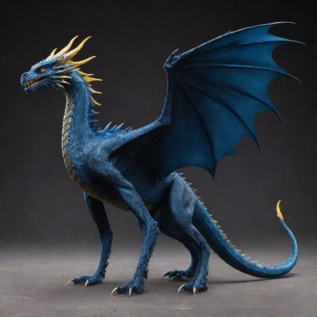 A stunning high fantasy dragon in dark blue with webbed talons and webbing from its spine, featuring a venomous tail and intense yellow eyes. The wide wings can fold neatly against its body, adding to its majestic allure.