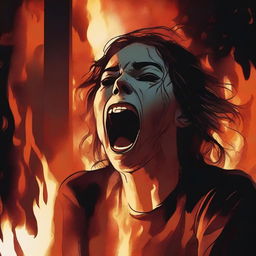 A young woman trapped inside a cremator, screaming and burning