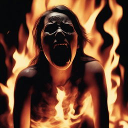 A young woman trapped inside a cremator, screaming and burning