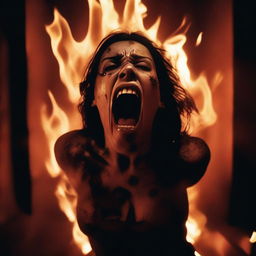 A young woman trapped inside a cremator, screaming and burning