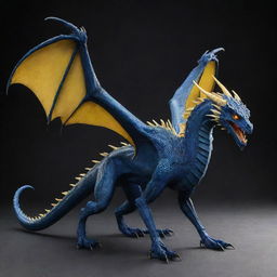 A stunning high fantasy dragon in dark blue with webbed talons and webbing from its spine, featuring a venomous tail and intense yellow eyes. The wide wings can fold neatly against its body, adding to its majestic allure.