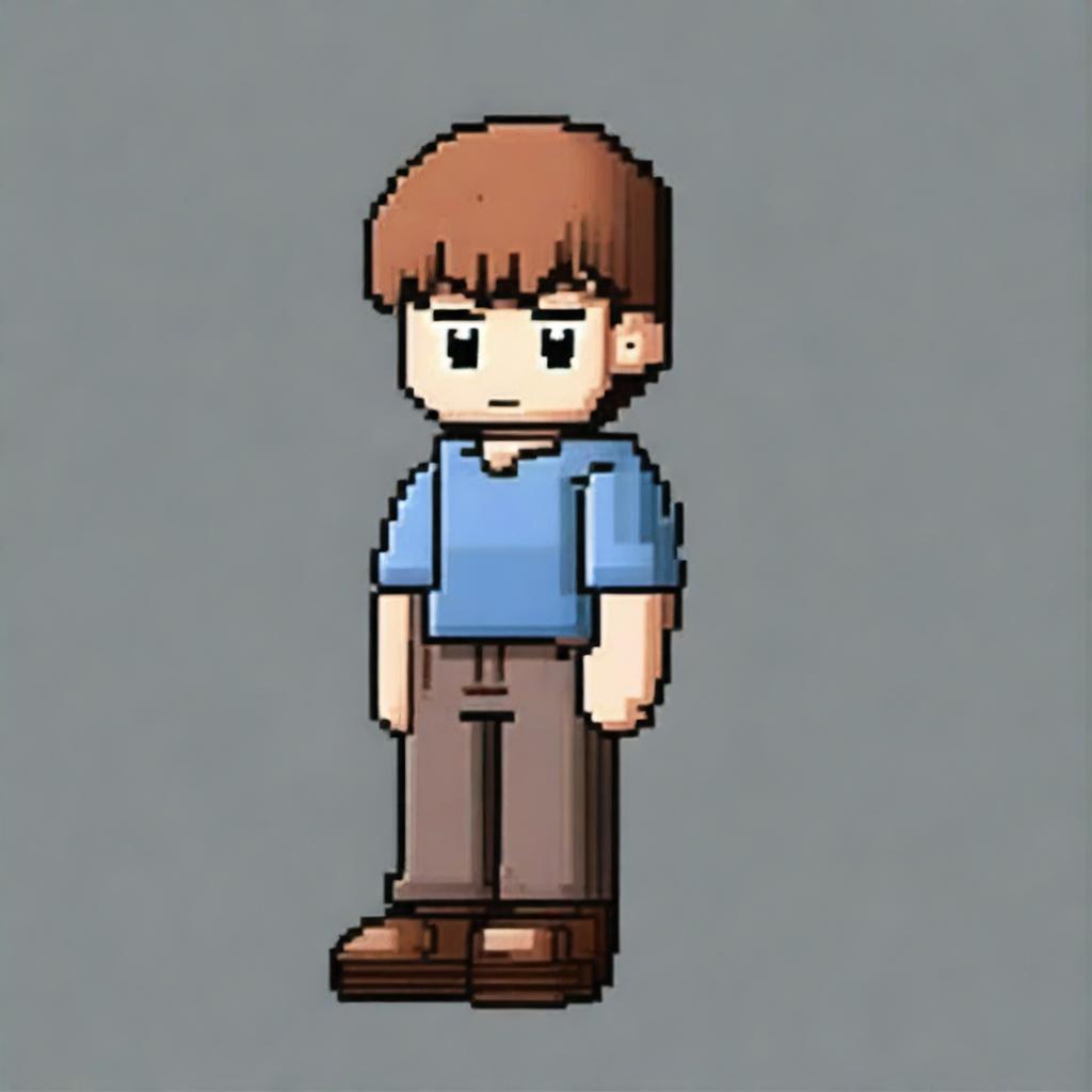 A pixel art depiction of a boy, designed in a resolution of 48 pixels by 96 pixels