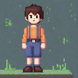 A pixel art depiction of a boy, designed in a resolution of 48 pixels by 96 pixels