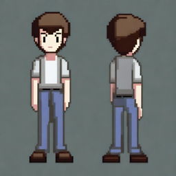 A pixel art depiction of a boy, designed in a resolution of 48 pixels by 96 pixels