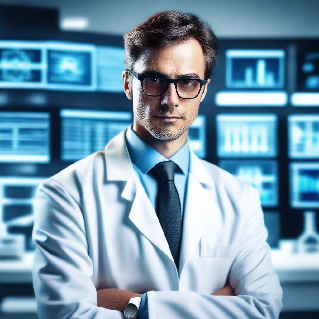 A stylish and attractive scientist in a lab coat, wearing glasses and working in a high-tech laboratory