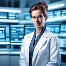 A stylish and attractive scientist in a lab coat, wearing glasses and working in a high-tech laboratory