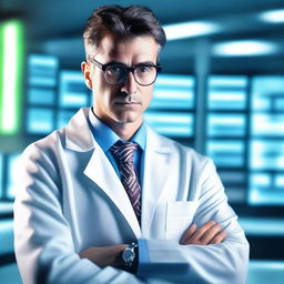 A stylish and attractive scientist in a lab coat, wearing glasses and working in a high-tech laboratory