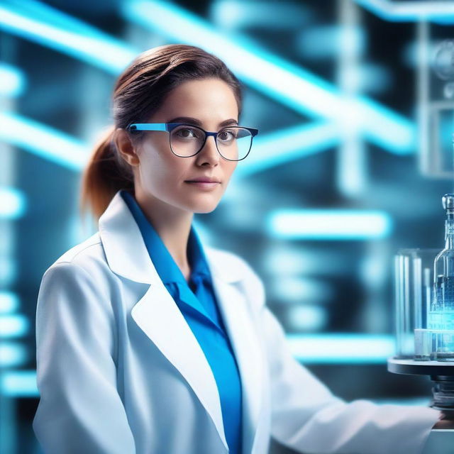 A beautiful and intelligent female scientist working in a high-tech laboratory