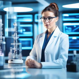 A beautiful and intelligent female scientist working in a high-tech laboratory