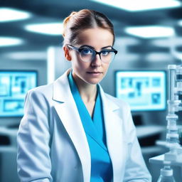 A beautiful and intelligent female scientist working in a high-tech laboratory