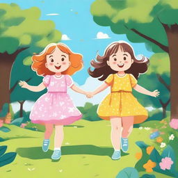 An illustration of two little girls playing in a sunny park