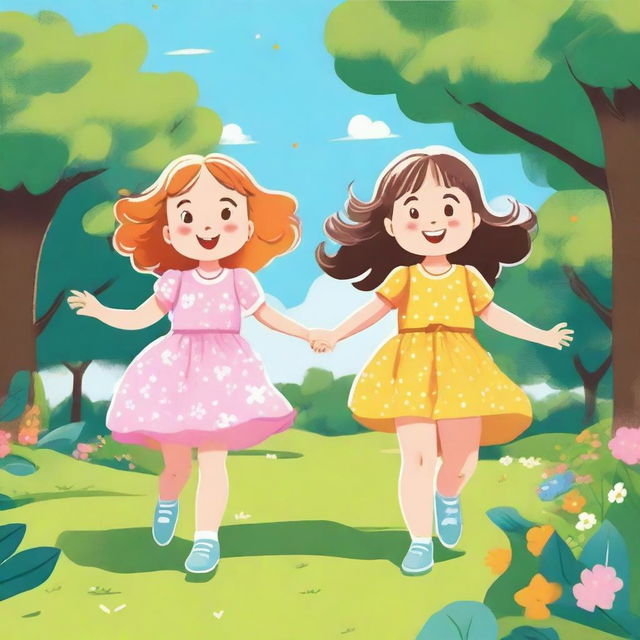 An illustration of two little girls playing in a sunny park