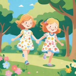 An illustration of two little girls playing in a sunny park