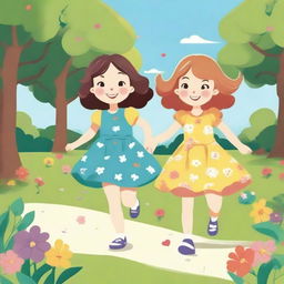 An illustration of two little girls playing in a sunny park