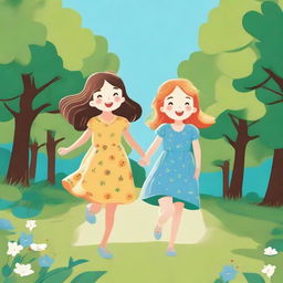 An illustration of two little girls playing in a sunny park