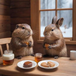 A beaver and a bunny sitting at a table, indulging in the sweet delicacy of maple syrup. Their faces are of delight at the sweet treat, creating a cozy and heartwarming scene.