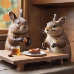 A beaver and a bunny sitting at a table, indulging in the sweet delicacy of maple syrup. Their faces are of delight at the sweet treat, creating a cozy and heartwarming scene.