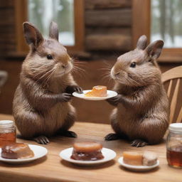 A beaver and a bunny sitting at a table, indulging in the sweet delicacy of maple syrup. Their faces are of delight at the sweet treat, creating a cozy and heartwarming scene.