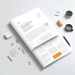 Create a white background cover featuring a blend of elements such as an engineer's case, a magnifying glass, a document, ideas, and an algorithm