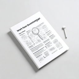 Create a white background cover featuring a blend of elements such as an engineer's case, a magnifying glass, a document, ideas, and an algorithm