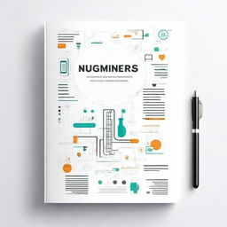 Create a white background cover featuring a blend of elements such as an engineer's case, a magnifying glass, a document, ideas, and an algorithm