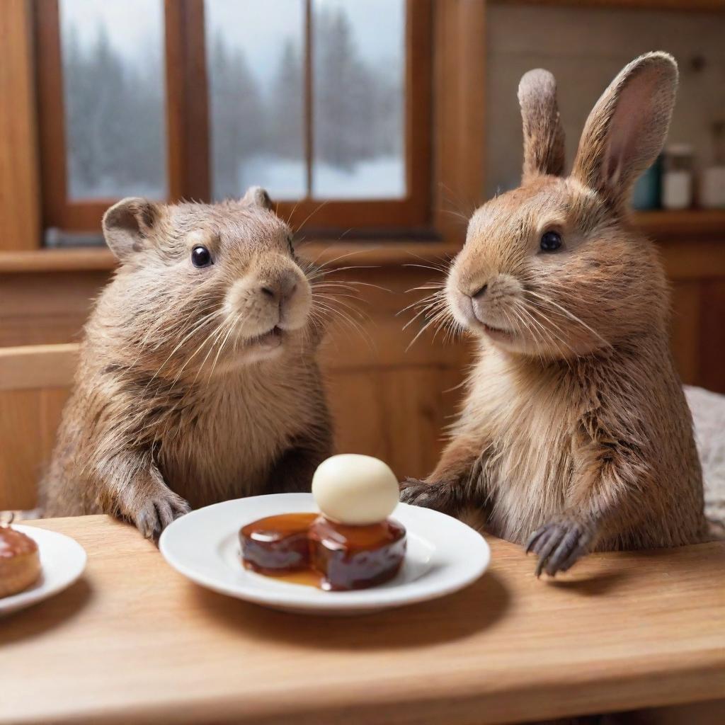 A beaver and a bunny sitting at a table, indulging in the sweet delicacy of maple syrup. Their faces are of delight at the sweet treat, creating a cozy and heartwarming scene.