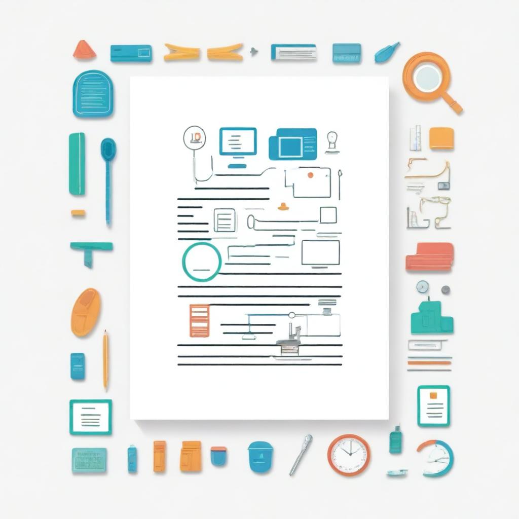 Create a white background cover featuring a blend of elements such as an engineer's case, a magnifying glass, a document, ideas, and an algorithm