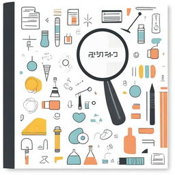 Create a white background cover featuring a blend of elements such as an engineer's case, a magnifying glass, a document, ideas, and an algorithm