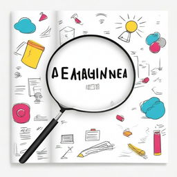 Create a white background cover featuring a blend of elements such as an engineer's case, a magnifying glass, a document, ideas, and an algorithm