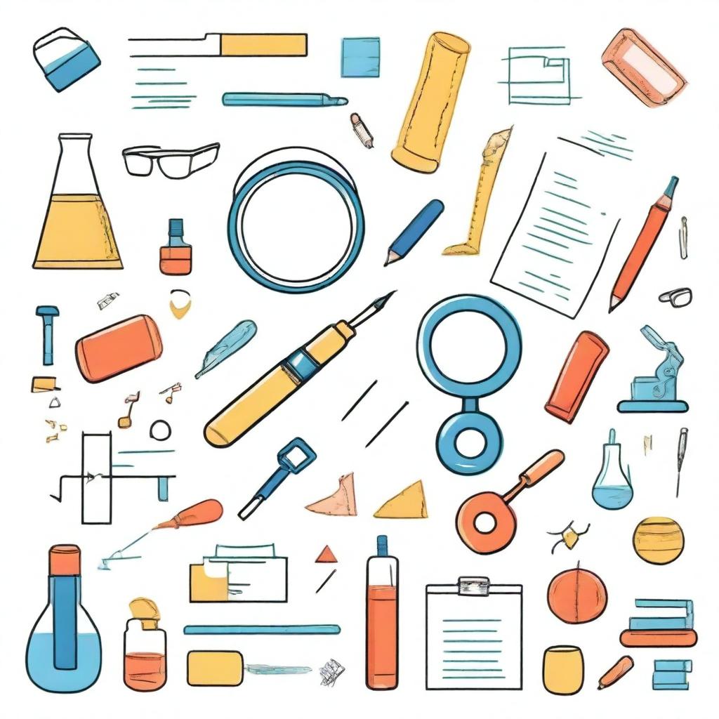 Create a white background cover featuring a blend of elements such as an engineer's case, a magnifying glass, a document, ideas, and an algorithm