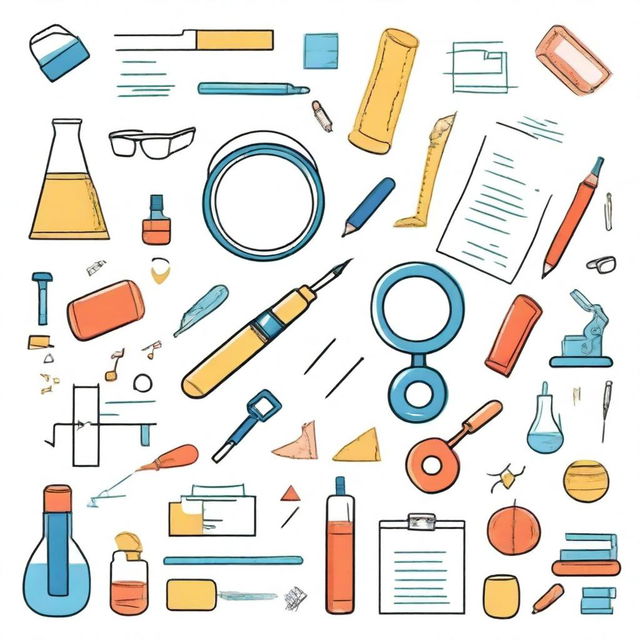 Create a white background cover featuring a blend of elements such as an engineer's case, a magnifying glass, a document, ideas, and an algorithm