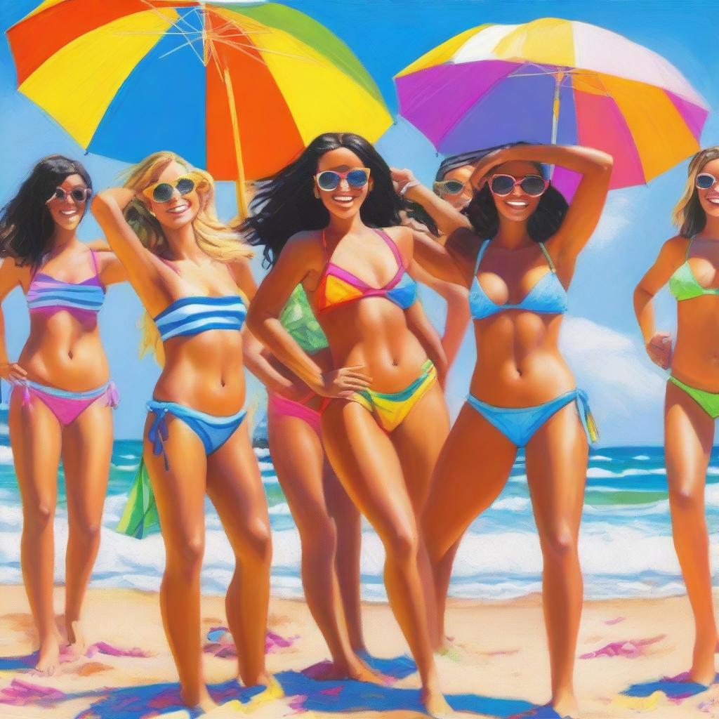 A vibrant and lively scene featuring girls wearing bikinis on a sunny beach