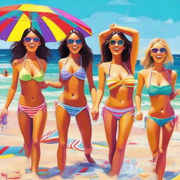 A vibrant and lively scene featuring girls wearing bikinis on a sunny beach