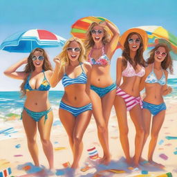 A vibrant and lively scene featuring girls wearing bikinis on a sunny beach