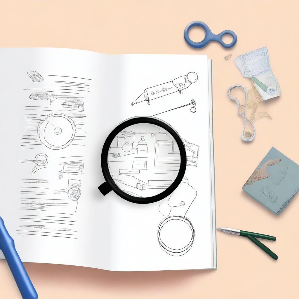 Create a white background cover focusing on the third image, featuring a blend of elements such as an engineer's case, a magnifying glass, and a document