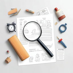 Create a white background cover focusing on the third image, featuring a blend of elements such as an engineer's case, a magnifying glass, and a document