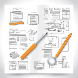 Create a white background cover focusing on the third image, featuring a blend of elements such as an engineer's case, a magnifying glass, and a document