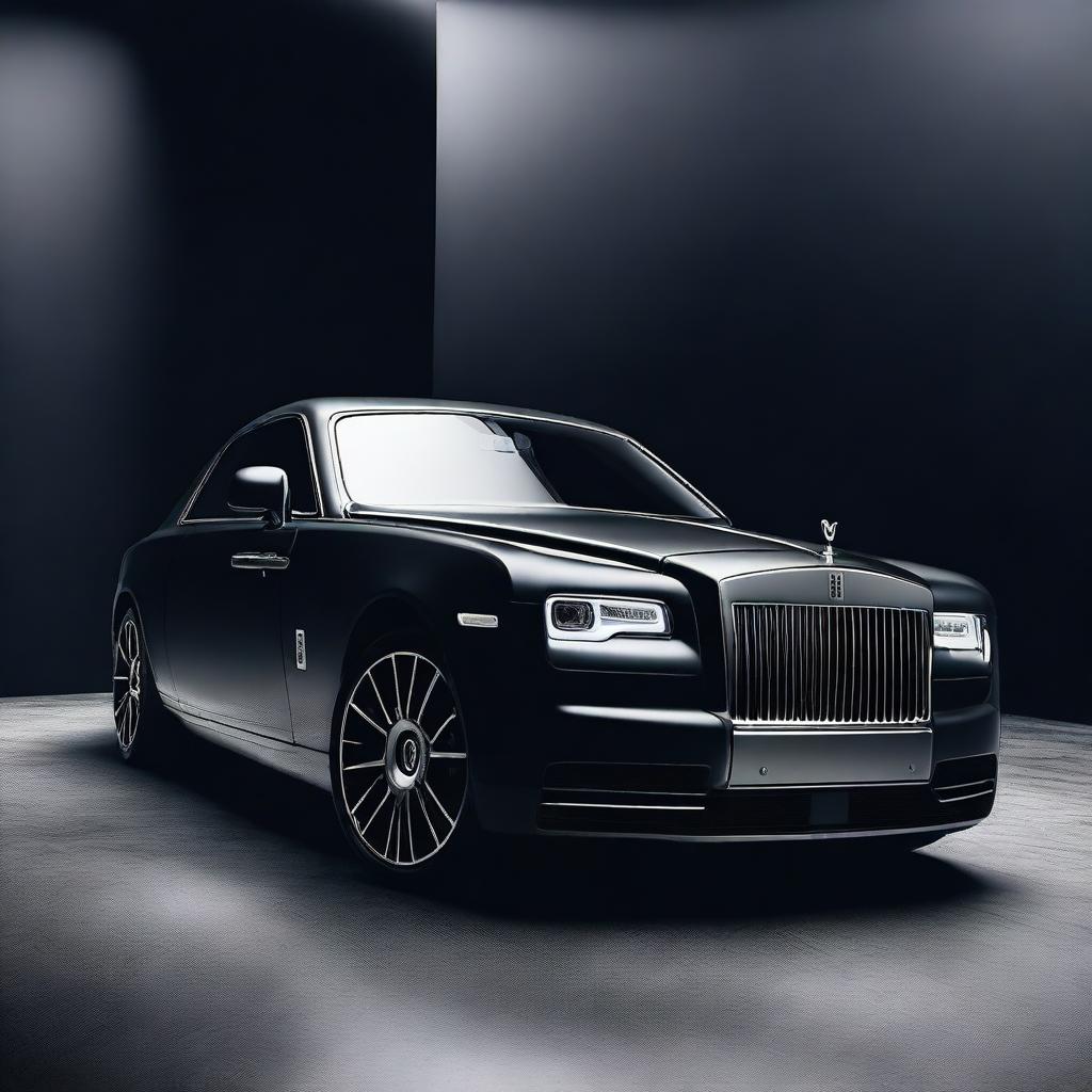 A sleek matte black Rolls Royce parked against a very dark background