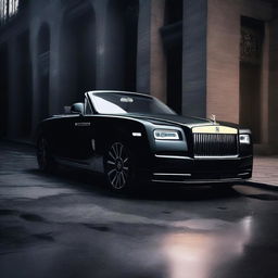 A sleek matte black Rolls Royce parked against a very dark background