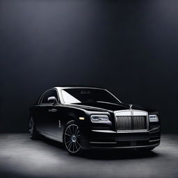 A sleek matte black Rolls Royce parked against a very dark background