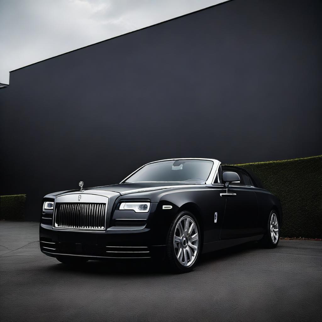 A sleek matte black Rolls Royce parked against a very dark background